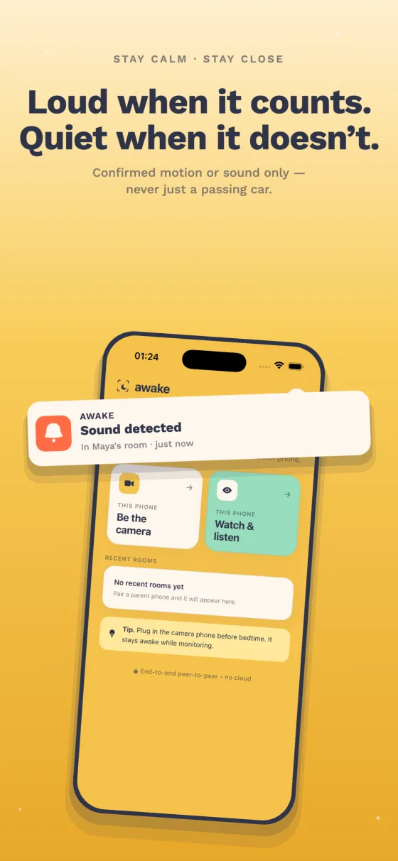 Awake BabyCam alert screen showing a sound detected notification.