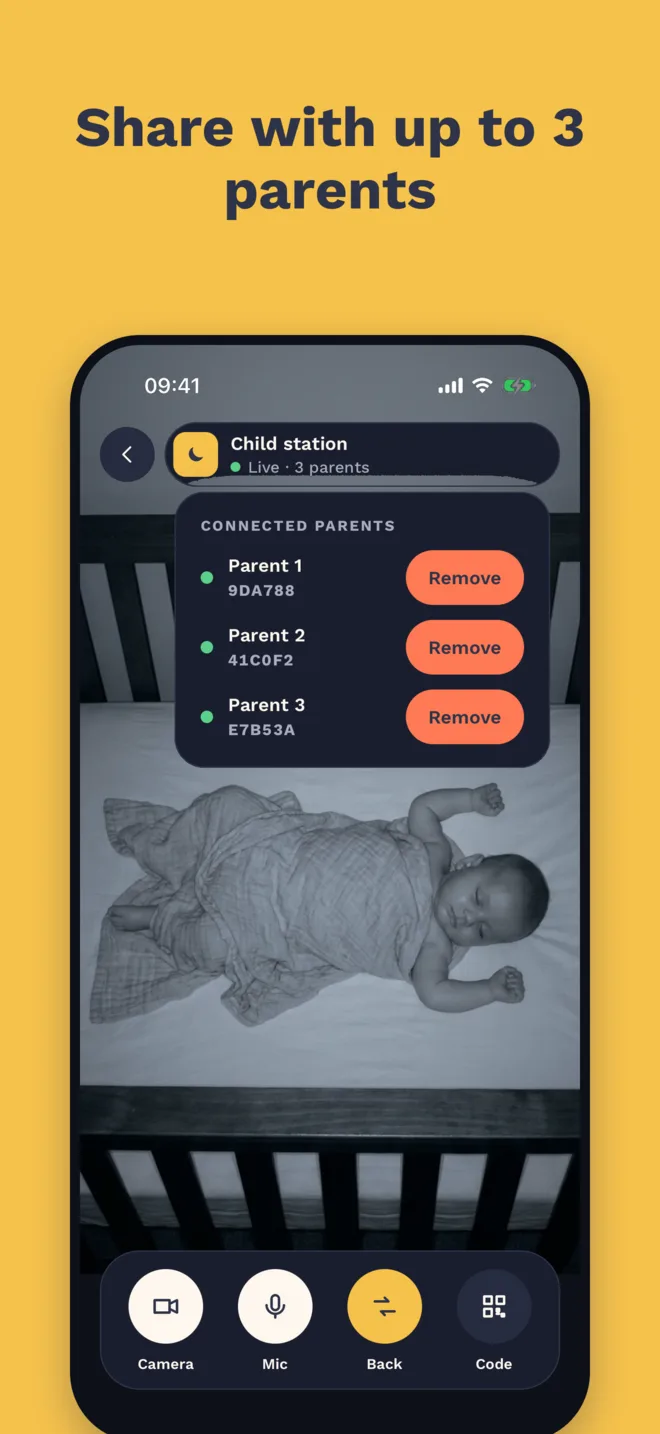 Share with up to 3 parents: three parents connected to one camera phone.